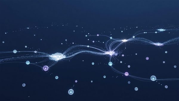 Abstract visualization of interconnected compute nodes forming a distributed grid network across a dark blue backdrop