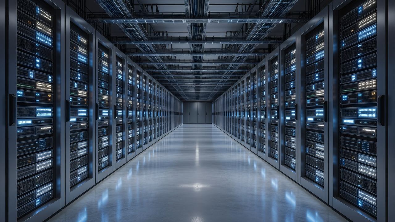 Rows of networked server racks in a data center with structured cabling, representing coordinated cluster scheduling