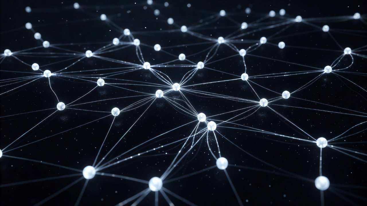 Abstract network of interconnected nodes distributed across a dark field with converging light paths representing peer replication