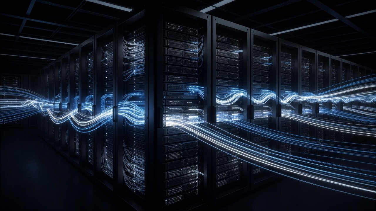 Abstract visualization of glowing data pipelines flowing through a dark server infrastructure