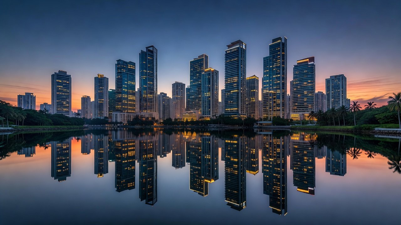 Modern city skyline at dusk with illuminated high-rise towers reflected in water